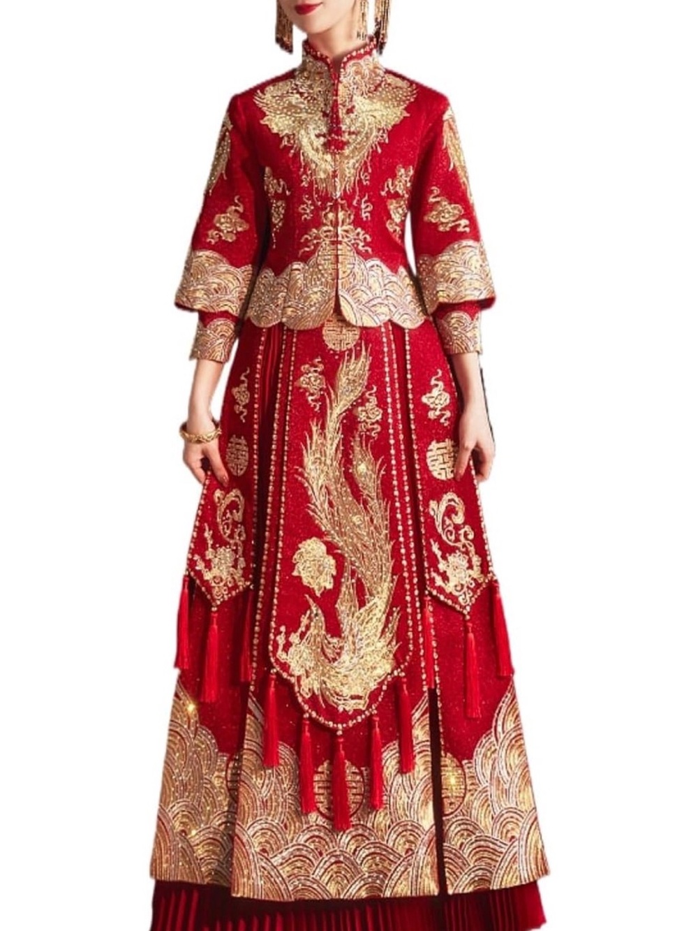 Chinese wedding gown. Traditional Red and Gold Embroidered Qipao Gown